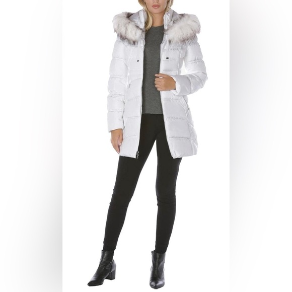 NWT Laundry By Shelli Segal White Puffer Coat with Fur Trim Hood - Picture 2 of 9